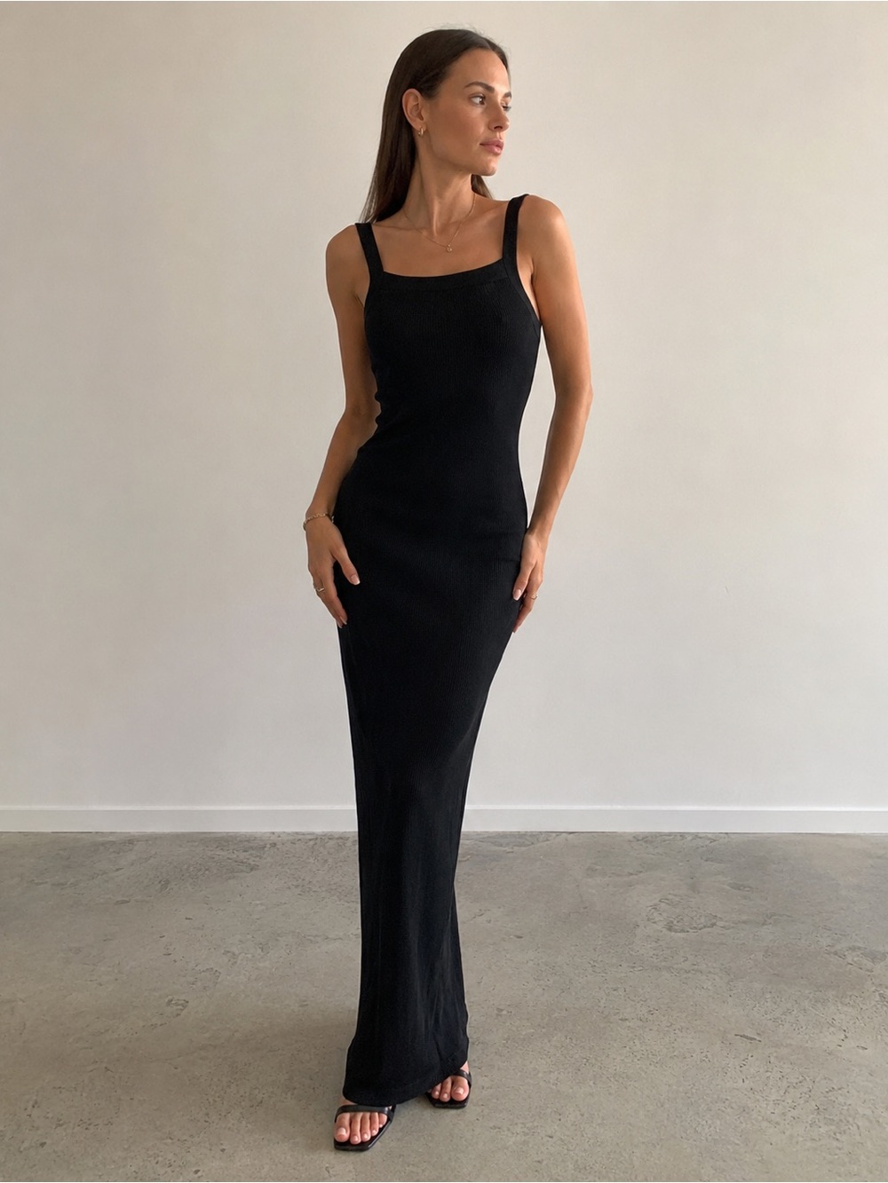 Wilfred Black Ribbed knit. Square-Neck Cross-Back Maxi Dress